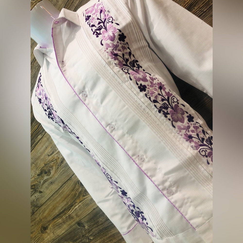 Mexican Guayabera Wedding Dress Shirt Purple Lavender Flower Embroidery